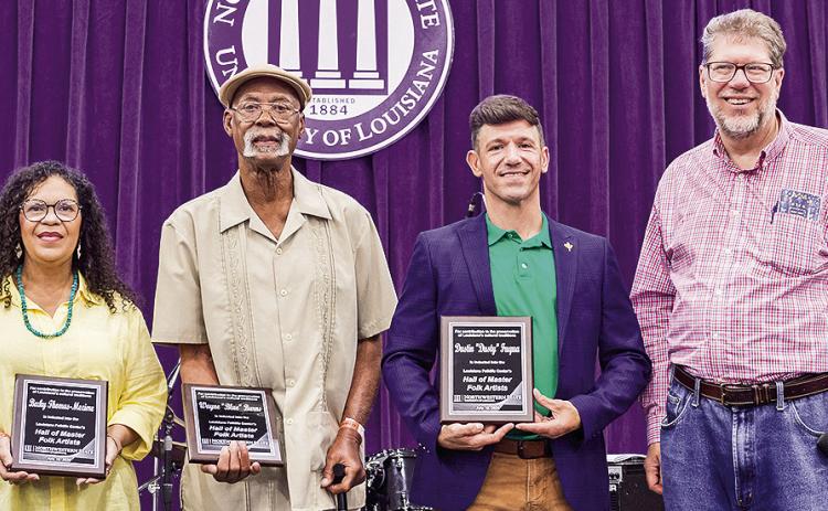2026 Louisiana Folklife Center Hall of Master Folk Artists Inductees, from left, Becky Thomas-Meziere, Wayne Blue Burns and Dustin Fuqua with Louisiana Folklife Center director Dr. Shane Rasmussen.