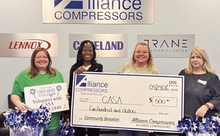 Alliance Compressors donated $500 to the CASA Pinwheel Campaign Community Garden 100 Pinwheels. From left are Alliance Customer Service Coordinator Bayleigh Birdwell, Human Resources Director Venecia Newton, CASA Executive Director Emily Dahl and CASA’s Brenda McCain.