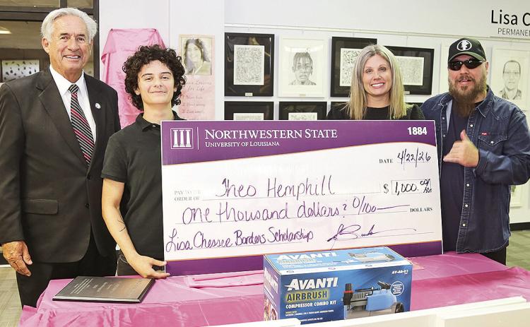 Theo Hemphill is this year’s recipient of the Meraki Award, presented to a student pursuing a degree in Fine and Graphic Arts at Northwestern State University. From left are NSU President James Genovese, Hemphill, Cristy Bernard, associate director of Alumni and Development, and James Borders.