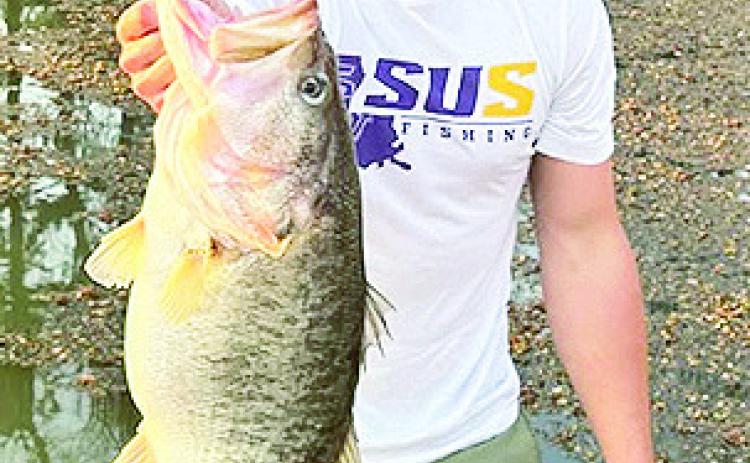 Bryce Distefang, Bossier City, a member of the LSUS fishing team, caught a 10.4 lbs bass on Feb 13, 2026.