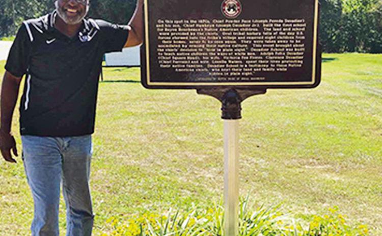 Rudy Macklin, Director of the Governor’s Council of Minority Health Services, visited Butte Tribe lands to help with thier beautification project. He is pictured with Butte Tribe’s new historical marker, Desadier School for Native Americans.