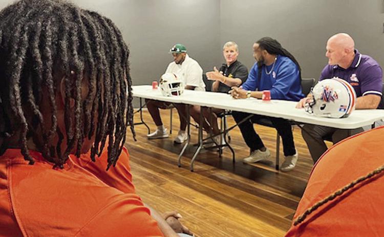 All the local football coaches were on hand Saturday morning at the Louisiana Sports Hall of Fame to talk about the 2025 upcoming season. Shown seated, from left to right are Lakeview Head Coach Lawrence Seawood Jr., Natchitoches Central Head Coach Brad Laird, St. Mary’s Head Coach Kedrin Seastrunk and Northwestern State Head Coach Blaine McCorkle. The Natchitoches Leadership Through Athletics Committee sponsored the annual event.