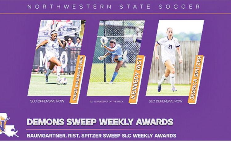 Northwestern State won a pair of Southland Conference contests by way of a shutout this past week and was rewarded with a clean sweep of the SLC weekly awards Tuesday. Site graphic/photos by Chris Reich, NSU Photographic Services