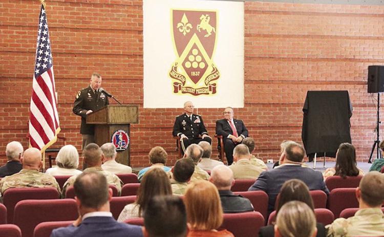 Brig. Gen. Thomas Friloux, director of the joint staff of the Louisiana National Guard, gives opening remarks during an official ceremony where retired Army Maj. Gen. John P. Basilica Jr. was inducted into the Louisiana National Guard Hall of Fame during an official ceremony at Jackson Barracks in New Orleans, Nov. 4. The LANG Hall of Fame was established to honor former LANG service members who distinguished themselves in their military and civilian endeavors.