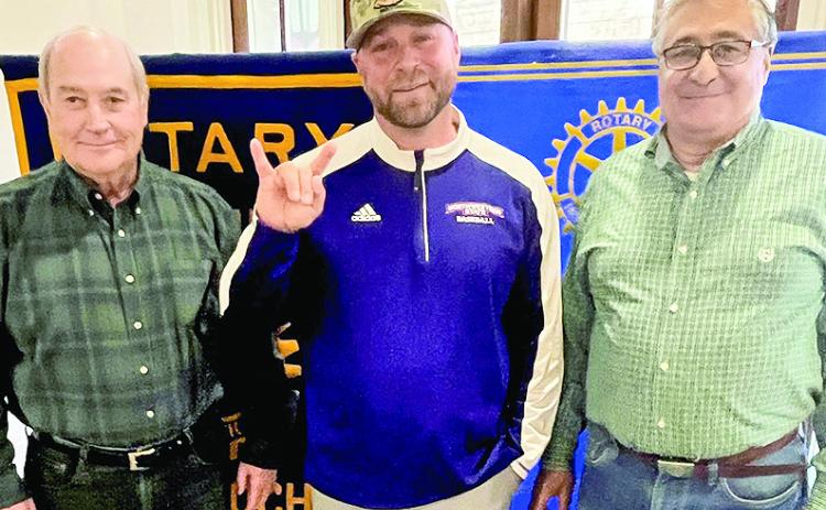 Rotarian with the Program Ronald Corkern introduced Northwestern State University Head Baseball Coach Chris Bertrand at the Jan. 30 luncheon. Bertrand discussed the baseball program, facility updates, player development and the spring schedule. From left are Corkern, Bertrand and Rotary President Joe Sers.