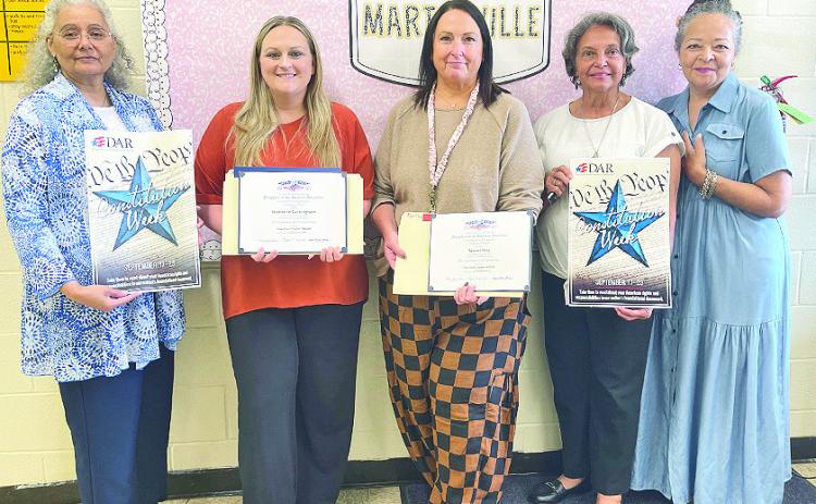 From left are Cane River DAR member Carolyn DunnMiller, Marthaville teachers Stephanie Cunningham and Tammy May and Cane River DAR members Lanie Silvie and Jeanette Foor.