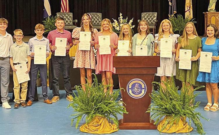 St. Mary’s Junior High Beta Club held its pinning ceremony for new members. Current eighth grade officers Merritt Vandersteen and Chloe Methvin assisted with the ceremony. Ray Gandy is faculty sponsor and Natalie Vandersteen is parent sponsor. From left are left are Merritt Vandersteen (president), Aaron Campbell, Tate Hebert, Andrew Johnson, Macie Cameron, Ady Rhodes, Kollyns Duhon, Sydney Culotta, Gracie Watson, Makena Thomas, Brenley Metoyer and Chloe Methvin ( vice-president).