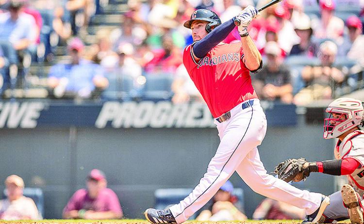 Cleveland’s David Fry takes a swing during a game against the Cincinnati Reds in June. Photo by Cleveland Guardians