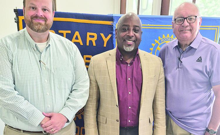Rotarian with the Program Tommy Roque welcomed Mayor Ronnie Williams Jr. to the Aug. 11 meeting of Rotary at Merci. Mayor Williams shared an update on the City of Natchitoches covering infrastructure, public safety, quality of life, and economic development. From left are President Josh Manuel, Mayor Ronnie Williams, Jr. and Roque.