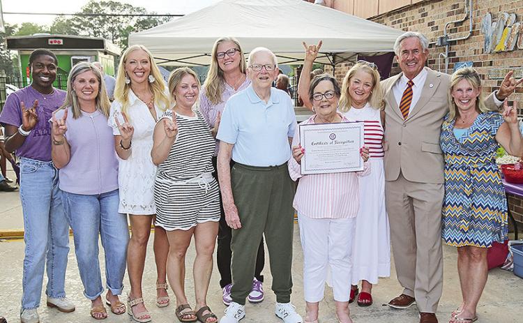 NSU’s School of Kinesiology announced the naming of The Roper Biomechanics and Movement Analysis Lab April 24. From left are Terry Wilson and Cristy Bernard with Alumni Affairs, School of Kinesiology faculty Dr. Haley Blount, Dr. Lauren Mitchell and Dr. Tara Tietjen-Smith, director; Rick and Mary Roper, Cindy Loudenslager, NSU President James Genovese and Jill Bankston, Alumni Affairs.