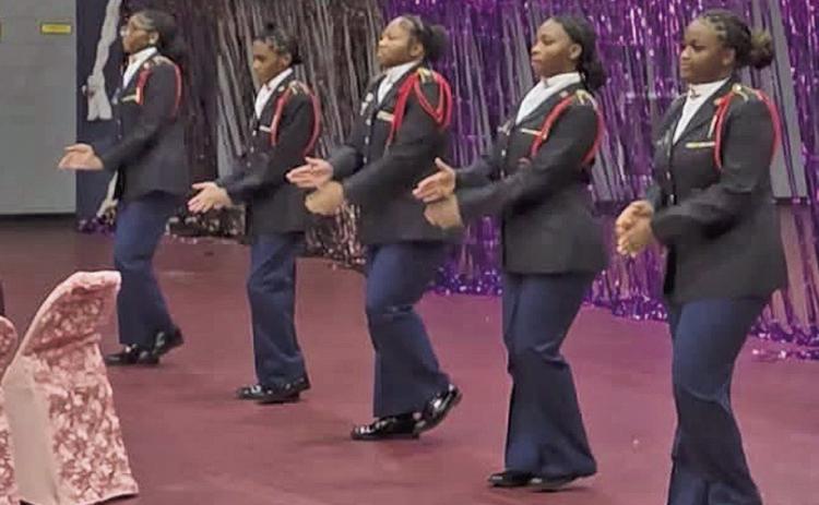 The Natchitoches Central Junior ROTC Unarmed Drill Team performed at the Summer Tea fundraiser for the Natchitoches Coalition on Homelessness Aug. 29. The student cadets also earned a thirdplace award for their table decorations and donated $240 to support the organizations work to fight homelessness. From left are Amaris Green, Journey Arthur, Ky’lia Miller, Amia Randolph and Asialyn McNulty.