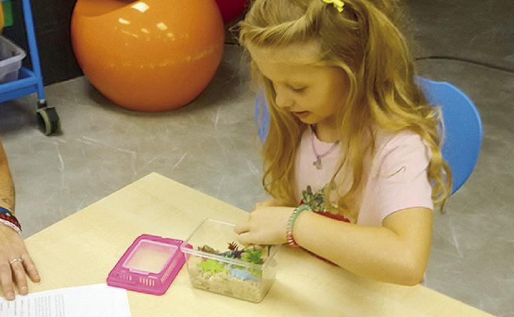 Gypsy-Lynn S. adds the finishing touches to her dino terrarium.