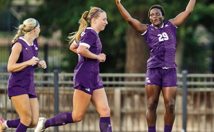 Hosane Soukou celebrates the game-sealing goal during the second half of Northwestern State’s 3-0 victory Thursday evening. Photo by Chris Reich, NSU Photographic Services