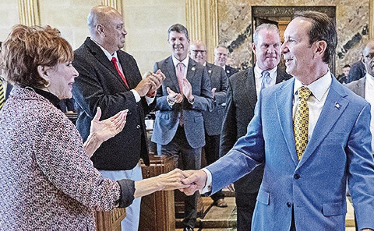 Gov. Jeff Landry pitched lawmakers Wednesday on his tax-overhaul proposals. Photo by Hilary Scheinuk /The Advocate, Pool