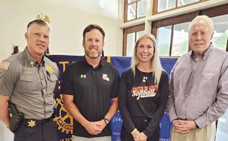 Rotarian with the Program Ron McBride introduced Northwestern State University’s Head Coach Jenny Fuller and Assistant Head Coach Brad Fuller at the April 15 Rotary luncheon. The coaches discussed recruiting and the positive aspects of having a new field, new practice facilities, locker room and the youngest team in the country. From left are President Jesse Taitano, Brad Fuller, Jenny Fuller and McBride.