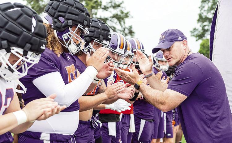 Second-year Northwestern State football coach Blaine McCorkle is excited about the team’s improvement from last year’s first spring practice to this year’s. Photo by Chris Reich, NSU Photographic Services