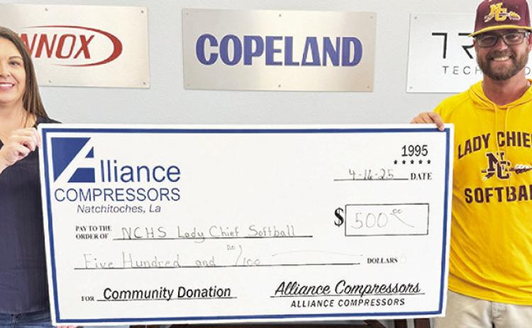 Alliance Compressors donated $500 to the Natchitoches Central High School Lady Chief Softball team. From the left are Rachel Barlow, Alliance Human Resources Manager, and Jeramie Hale, Lady Chief Softball Head Coach.
