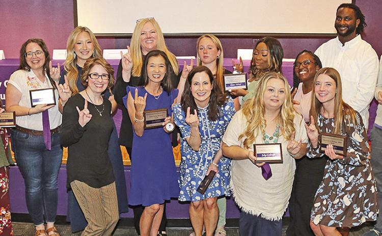 Honorees from the School of Education were, from left, Madeline Yvanez, Faith Matthews, Michael Cox, Emily McGehee, Dr. Michelle Fazio-Brunson, Dr. April Giddens, Lien McGehee, Elisabeth Cason, Taylor Poole, Virginia Santiago, Jaclyn Lambright, Kymberlee Chenier, Olivia Slayter, Jesse Flunder, Rhett Thiels, April Dunahoo and Dr. Wendi O’Halloran.