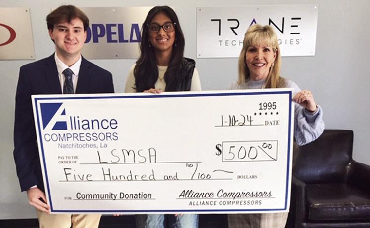 Alliance Compressors donated $500 to the Louisiana School for Math, Science, and the Arts FBLA-Phi Beta Lambda Chapter. This year, the team will be competing in the Regional Competition at NSU in February, the State Competition in Lafayette in March, and the National Finals in Anaheim, California, in June. Pictured are Kyler Toms, FBLA Chapter President; Esha Patel, FBLA District Vice President; and Michelle Brundige, Alliance Compressors Human Resources Manager.