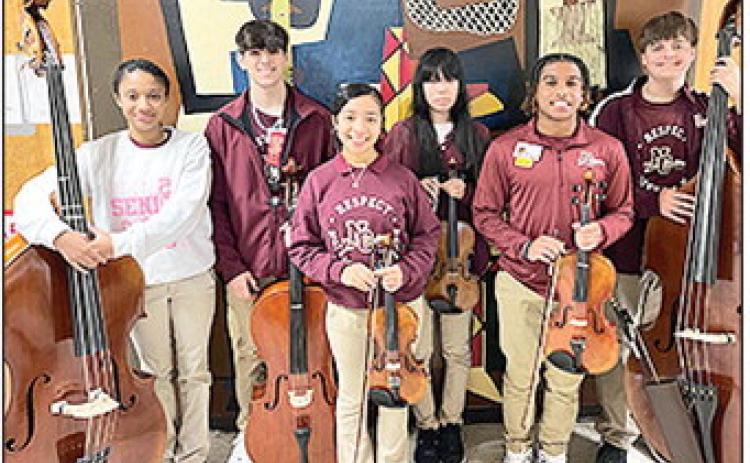 Six Natchitoches Central orchestra students were selected to represent their school in the 2026 LMEA All-State Orchestra in New Orleans over Martin Luther King Jr. weekend. These students were selected from among the best young musicians in the state to be part of a 100-member orchestra directed by Dr. Gene Moon, director of Orchestral Studies at California Baptist University. From left are Macyn LaCour, Billy Robicheaux, Ana Cano Campos, Yujun Yao, Christian Frazier and Scott Stetson.