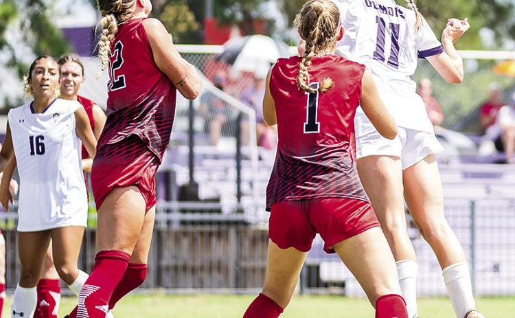 Taylor Spitzer, #11, scored her first goal of the season on a header to tally the first of two goals for Northwestern State in a 2-0 win against Nicholls on Sunday. Photo by Chris Reich, NSU Photographic Services
