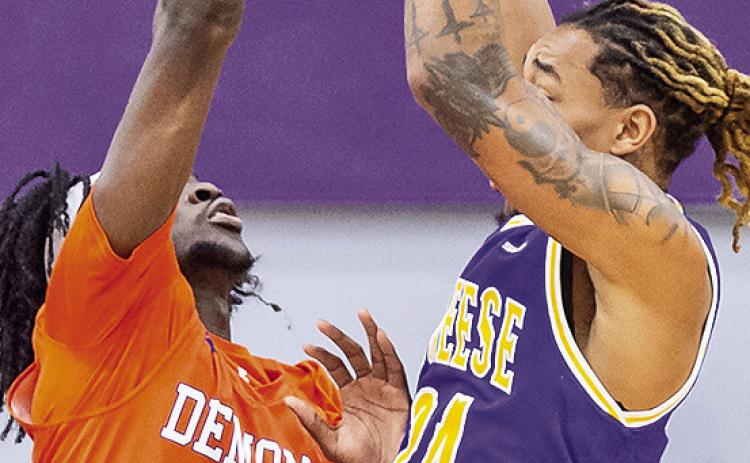 Jerald Colonel set a career high with seven blocks against McNeese on Monday night. Credit: Chris Reich/NSU Photographic Services