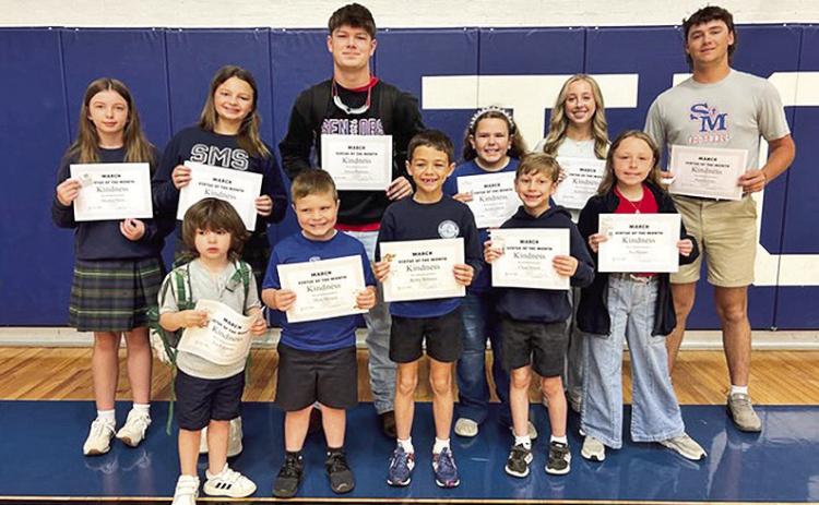Virtue of the Month Students at St. Mary’s are, front row from left, Leo Esparza, Moss Morgan, Robby Williams, Chase French and Ava Harper.On back row are Marilyn Mims, Sutton Vandersteen, Ethan Probasco, Aurora Alford, Kollyns Duhon and Preston Tilley. Not pictured are Callen Bertrand, Tripp Philen and Roan McClung.