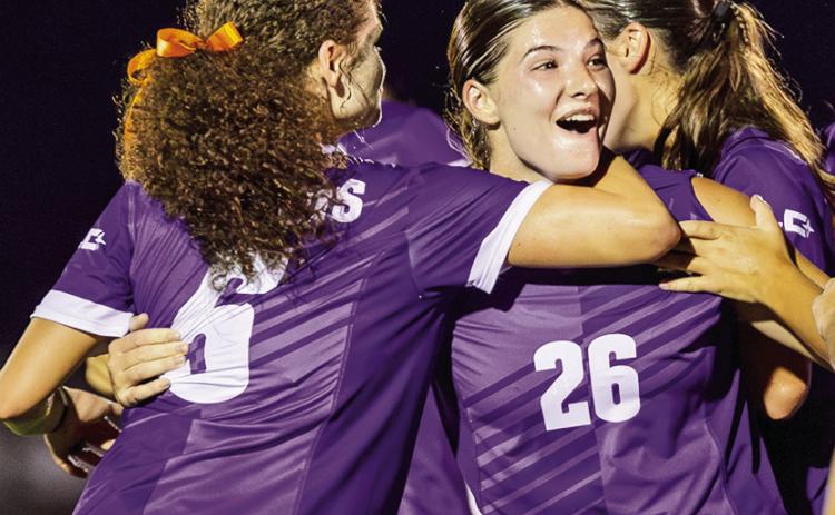 Isabella Reggiano, #26, celebrates with teammates after a goal in the 42nd minute that proved to be the difference in a 1-0 win over Tarleton State. Photo by Chris Reich, NSU Photographic Services