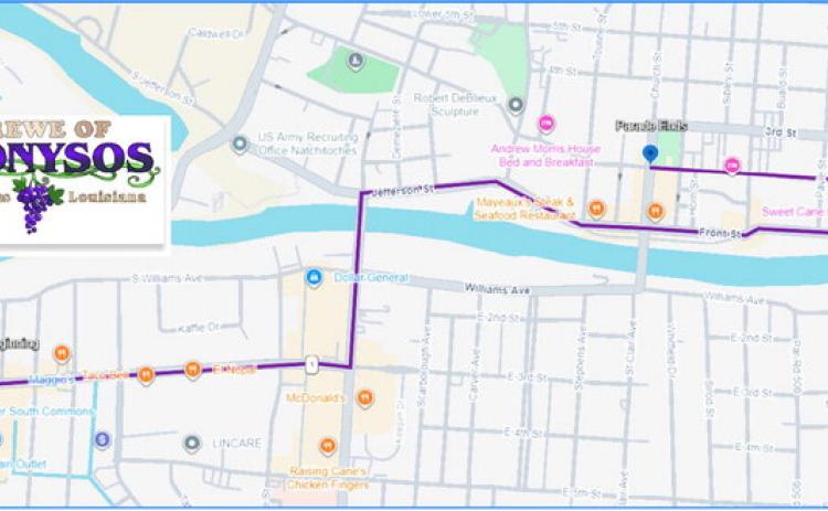 The Krewe of Dionysos parade has changed to 6 p.m. on Sunday Feb. 15, due to expected rain. The parade starts at River South Commons Shopping Center, turning right onto South Dr., turning left on Keyser Avenue and crossing the bridge. Then, turns right onto Jefferson Street, continuing to Front Street through the Historic District, left onto Texas Street and then turning left onto Second Street then to Church Street which officially ends the parade.