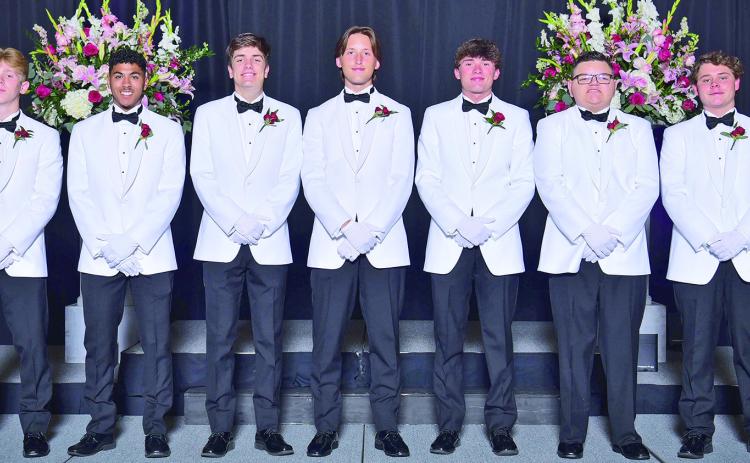 Gentlemen of the court were, from left, Caleb White, Kaleb McAlister, Joe Maggio, Colton Cross, Payne Williams, Dyson Peddy and Gunnar Nash.