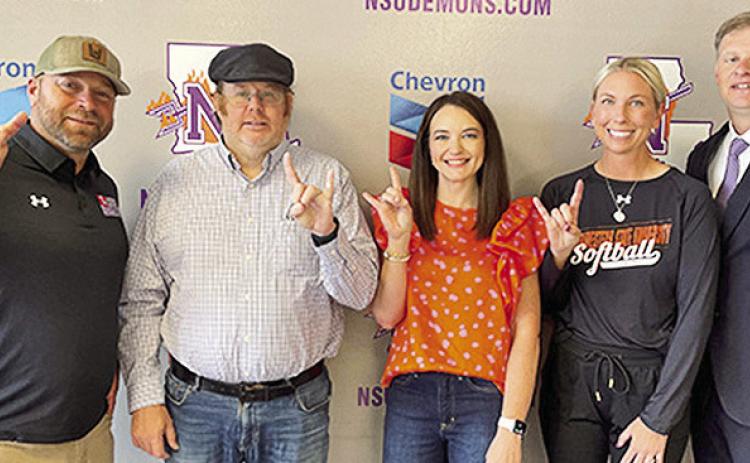 From left are Northwestern State head baseball coach Chris Bertrand, David Thornton, Jennifer Thornton, head softball coach Jenny Fuller and Director of Athletics Kevin Bostian.