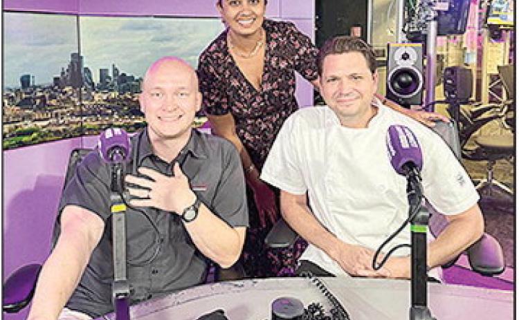 Chef Tyler Spreen of Herbsaint Bar and Restaurant in New Orleans and Chef Jeremy Langlois of Houmas House in Ascension Parish talk about the culinary heritage of Louisiana on BBC Radio during the 2025 National Geographic Traveller Food Festival in London. (Photo credit: Louisiana Office of Tourism)