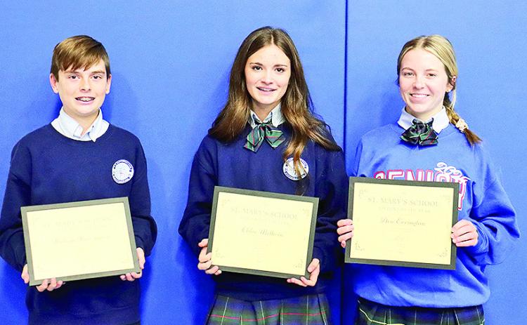 These outstanding students will represent St. Mary’s in competing against other students from the Diocese of Alexandria, as well as Catholic schools around the state. Pictured from left are Hudson Harrington, Chloe Methvin and Ava Errington.