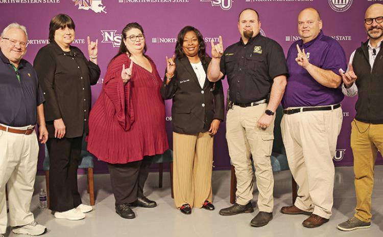 A panel of NSU’s ‘unsung heroes’ spoke during the Spring 2024 Living Library “Everybody Has A Story” presentation March 14. From left are moderator Doug Ireland, Julie Powell, Ronnette Pellegrin, Yolanda Denise Bobb, Capt. Wes Harrell, David Antilley and Alan Pasch.