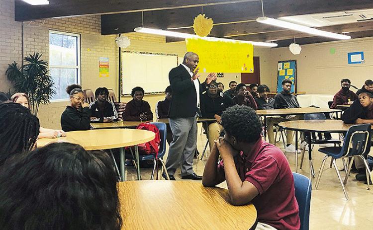 Mayor Ronnie Williams, Jr. visited Natchitoches Junior High JAG members last month to provide a brief synopsis of him and share some insight into his role as the Mayor of the City of Natchitoches. The JAG members are working within the Independent Living Module that encompasses employment, banking, shelter and monthly budget among other basic live skills.