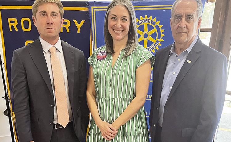 Rotary President Louie Bernard welcomed Laura Lyles, president, Natchitoches Area Chamber of Commerce who discussed how important the collaborative planning by the Natchitoches business, industry, infrastructure, education, health care, tourism, history, and culture was in organizing and presenting the 2026 Natchitoches Day at the Capitol. As a result a clear, cohesive and successful message was delivered to the Louisiana legislators. From left are Drake Owens, Lyles and Bernard.
