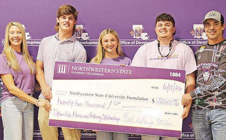 Three incoming Northwestern State University freshmen anglers were awarded Dylan Kyle Poche scholarships to compete with the NSU Fishing Team. From left are NSU President James Genovese, Shelley Poche, Michael Watkins, Adelyn Parr, Eli Lockart and Burt Poche.