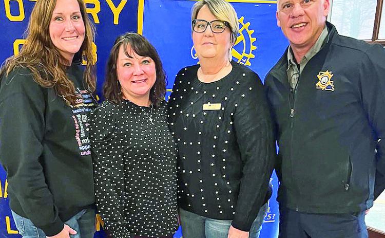 Rotarian with the Program Jessica Broadway introduced Project Celebration professionals Luci Collins from Sabine Parish and Shaye Walker from Natchitoches Parish at the Feb. 12 luncheon. Collins and Walker are advocates for domestic abuse and sexual assault in 7 surrounding parishes. Two shelters are located in Sabine and Caddo parishes. From left are Walker, Broadway, Collins President Jesse Taitano.