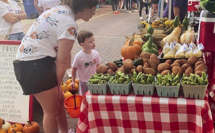 Pumpkins, sweet potatoes, squash, eggplant and more were among the fresh vegetables offered by numerous vendors at last Saturday’s Fall Farmers Market along the banks of Cane River Lake in Downton Nachitoches. The autumn market continues on Saturday from 8 a.m. to noon through Nov. 16. Fresh fruits, plants, and homemade goodies can also be purchased. Pictured is a youngster choosing his fresh assortment of goodies for the week.
