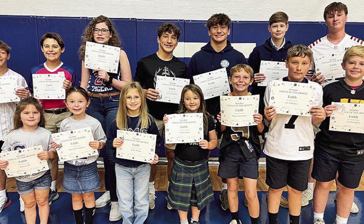 Congratulations to St. Mary’s Virtue of the Month recipients, The virtue is Faith. On Front Row from left are Eleanor Gill, Mary Beth Chasteen, Blake Duhon, Farryn Jeane, Hayes Harrington, Eli Thibodaux and Jax Errington. On back are Branch Smith, Madden Cameron, Amelia Picou, Jacob Thibodaux, John Paul Thibodaux, Joseph Sklar and Peter Kautz.