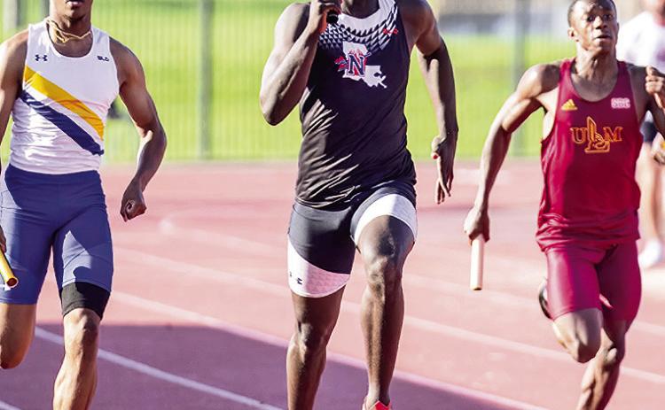 Desmond Duncan, one of the men’s 4x400 runners, helped the quartet break the school record with a 3:06.16 at the LSU Alumni Gold on Saturday. Photo by Chris Reich, NSU Photographic Services.