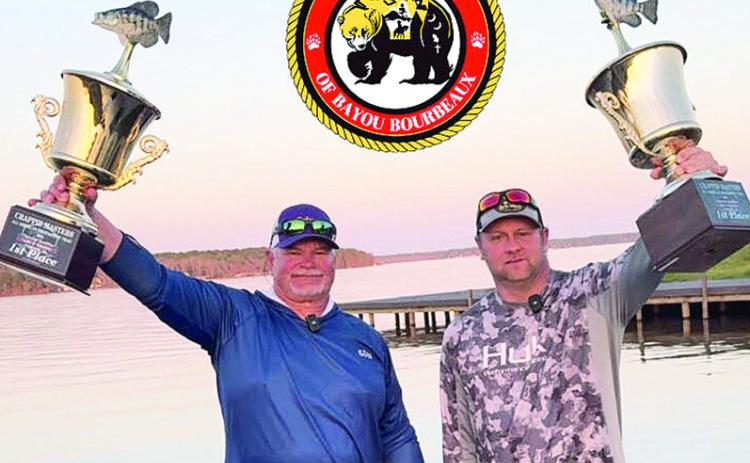 Butte Tribe member Harold Dye Jr., at left, and his partner Ryan Hanson walk away with first place honors at the Crappie Masters National Qualifier on Lake D’Arbonne last month. The two made a comeback Saturday for the championship with 12 oz. separating the first and second place winners. First place cash out was $7,500, trophy for each and the Crappie Master’s 2024 Lake D’Arbonne Champions title. Dye is the eldest son of Butte Tribe council member Becky Dye,