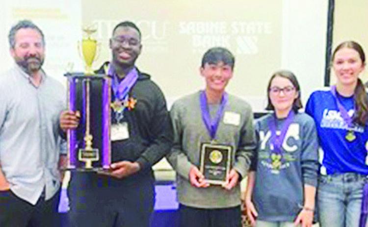 First Place LSMSA:The team from the Louisiana School for Math, Science and the Arts won first place in the Demon Math Classic. From left are Landon Malmay, Sabine State Bank; Zeb Marcotte, head of NSU’s Mathematics Department; team members Wesley Maidoh, Bryan Chen, Adyson Allen and Allison Key, Cadillac Rhone, Sabine State Bank, and Debbie Porter, director of Demon Mathematics Classic.