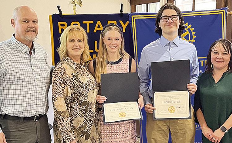 Two students at Louisiana School for Math, Science and the Arts, Anderson Kelly and Jacob Hypes, were recognized as Rotary Students of the Month. They received certificates and gifts as they were introduced to the Rotarians. From left are Kelly’s parents, Keenan and Jennifer Kelly, Anderson Kelly, Hypes and chairman Jessica Broadway.