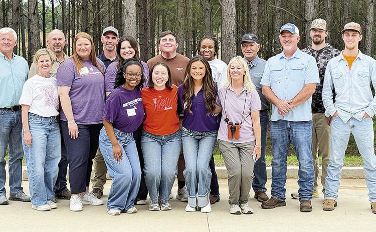 A field experience near Natchitoches gave students a closer look at forestry, land management and wildlife conservation in Louisiana. On the front row from left are Anastasia Douglas, Vivian Montalvo, Jesse Foshee and Emily Jo Williams. On the second row are e Michael Simpson, Reatha Cox, Jolly Nash, Kate Evans, Clint Iles, Madysen Morgan, Owen Stutzman, Nilah Pollard, Enyart Mitchell, Joe Cooper, Waylon Herring and Steele Colclasure.