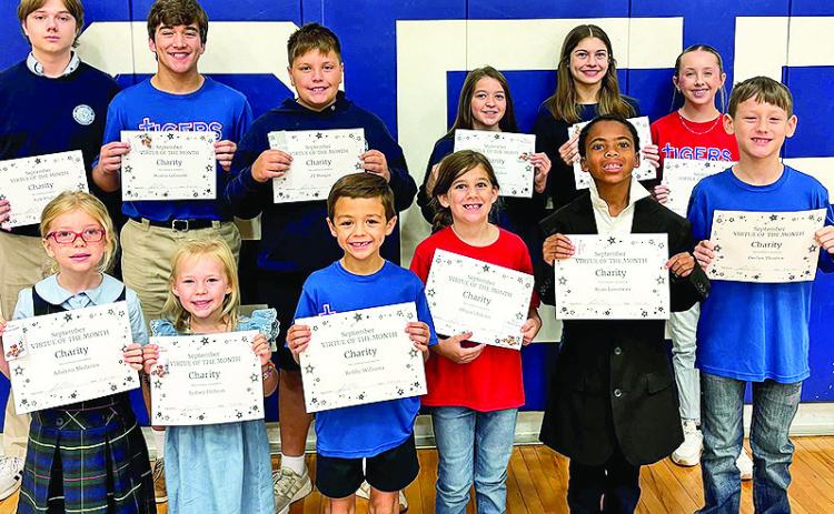 The Virtue of the Month for September at St. Mary’s Catholic School was Charity. Students who displayed this virtue are, front row from left Adalynn Medaries, Sydney Hebron, Robby Williams, Abigael Adkins, Ryan Lovemore and Declan Thaxton. On back row are Nick Wright, Weston LeGrande, JT Morgan, Aubree Walker, Madelyn Melder and Kollyns Duhon. Not pictured are Joelee Savell and Addison Evans.