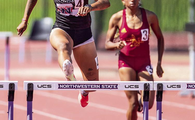 Raven-Symone Jarrett ran a PR in the 100-meter hurdles, as the senior proved she is fully prepared for the Southland Conference Championships, which begin May 15. Photo by Chris Reich, NSU Photographic Services