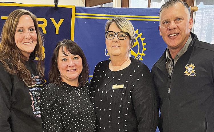 Rotarian with the Program Jessica Broadway introduced Project Celebration professionals Luci Collins from Sabine Parish and Shaye Walker from Natchitoches Parish at the Feb. 12 luncheon. Collins and Walker are advocates for domestic abuse and sexual assault in seven surrounding parishes. Two shelters are located in Sabine and Caddo parishes. From left are Walker, Broadway, Collins and President Jesse Taitano.