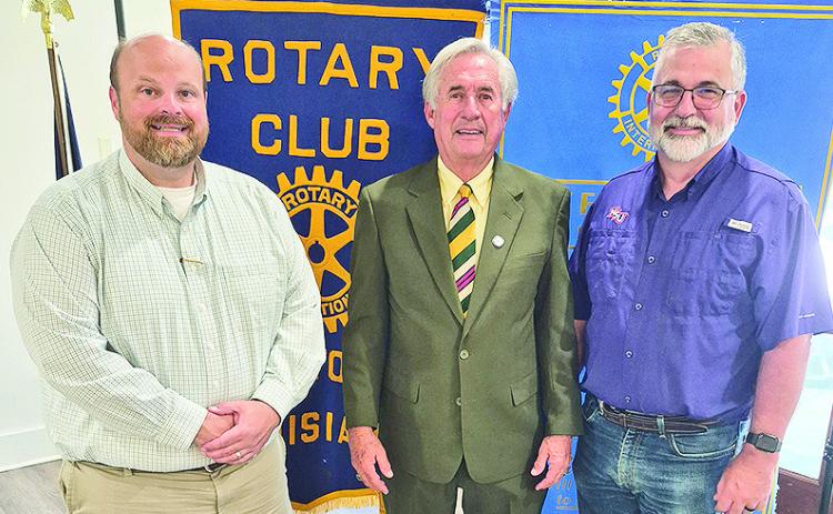 Rotarian with the Program Lee Waskom introduced and the Rotarians warmly welcomed Northwestern State University President James Genovese at the Sept. 29 meeting. Genovese shared information and updates on both academic and athletic programs at NSU. From left are President Josh Manuel, Genovese and Waskom.