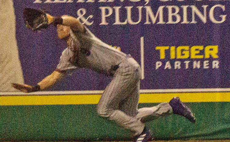 Northwestern State left fielder Balin Valentine lays out for a catch in the sixth inning of Tuesday night’s game. Photo by James Stanfield/ NSU Athletics